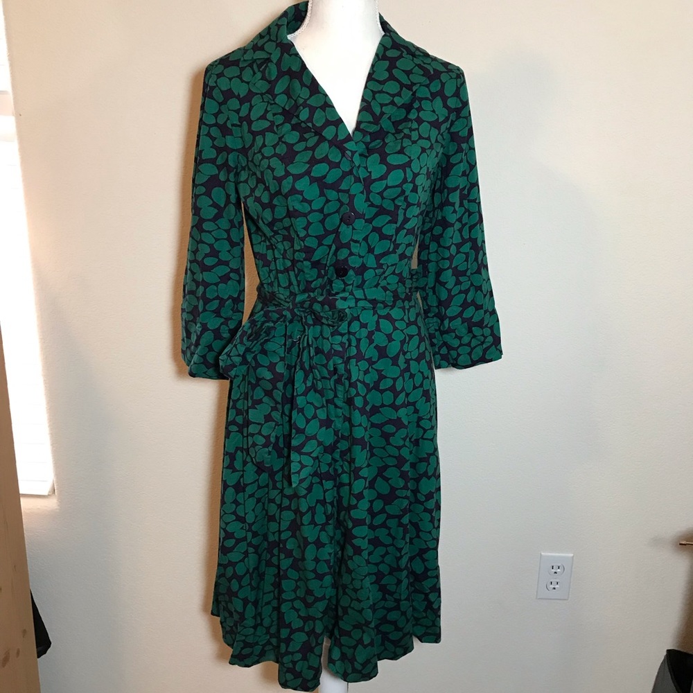 Boden leaf green and navy button up shirt dress